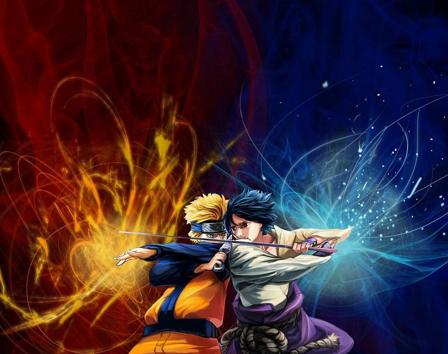 Naruto and Sasuke Clashing Swords in a Dynamic Anime Battle Scene HD wallpaper