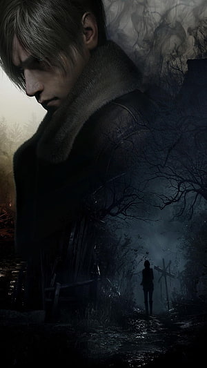 Leon Kennedy in a dark, misty village from Resident Evil with a distant silhouette HD phone wallpaper