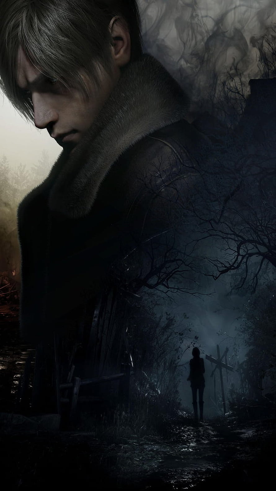 Leon Kennedy in a dark, misty village from Resident Evil with a distant silhouette HD phone wallpaper