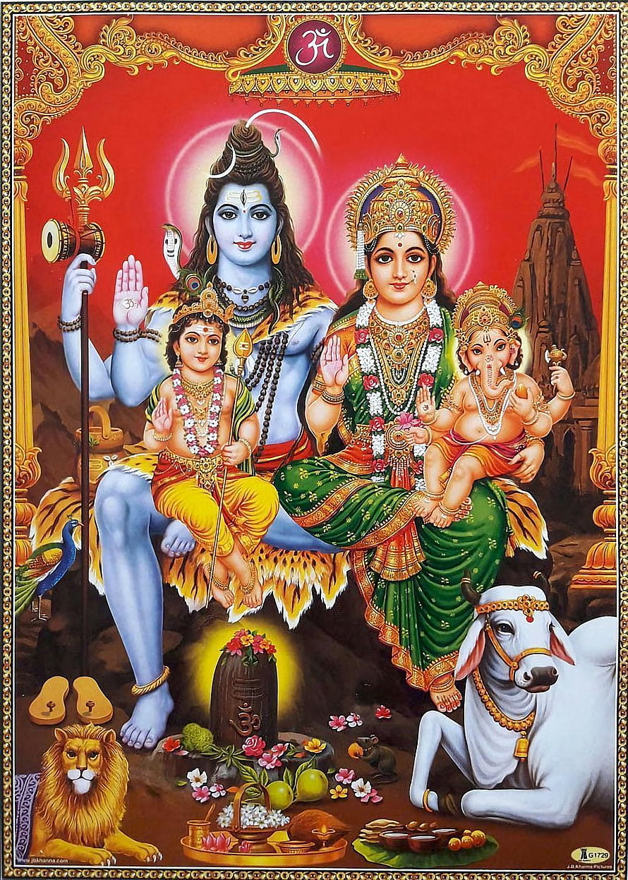 Lord Shiva Family Portrait with Parvati and Ganesha in Traditional Indian Art HD phone wallpaper