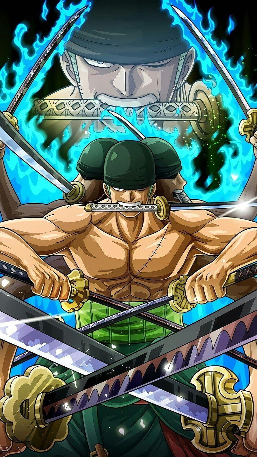 Roronoa Zoro Three-Sword Style Anime Illustration with Blue Flame Aura HD phone wallpaper