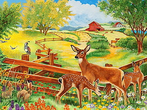 Pastoral Farm Scene with Deer, Rabbits, and Wildflowers in a Colorful Spring Meadow HD wallpaper