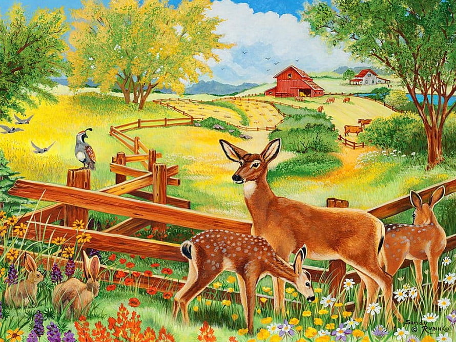 Pastoral Farm Scene with Deer, Rabbits, and Wildflowers in a Colorful Spring Meadow HD wallpaper