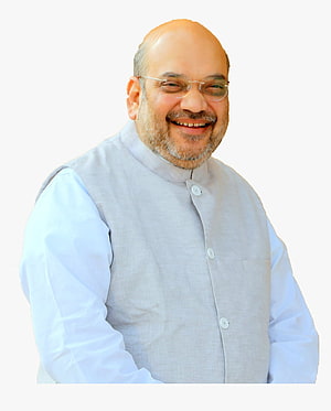 Amit Shah smiling portrait in light grey Nehru jacket and white shirt HD phone wallpaper