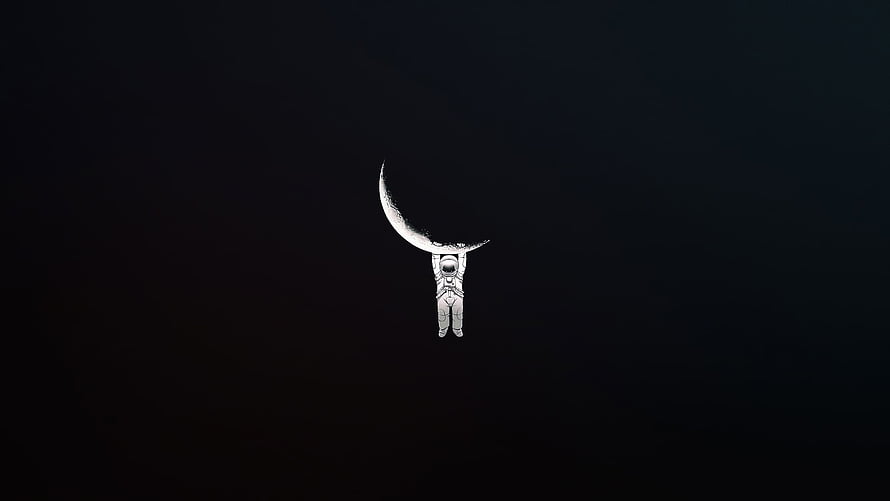 Minimalist Astronaut Hanging From Crescent Moon Against Deep Black Space Background HD wallpaper