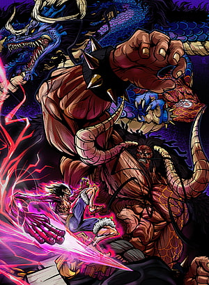 One Piece Luffy vs Kaido Manga Fanart with Dragon and Energy Blast HD phone wallpaper