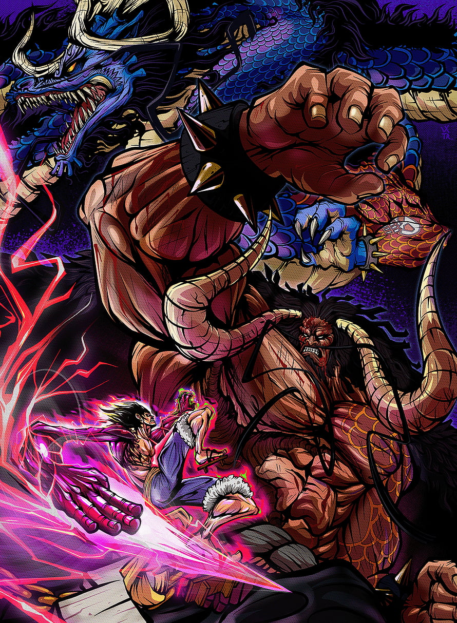 One Piece Luffy vs Kaido Manga Fanart with Dragon and Energy Blast HD phone wallpaper