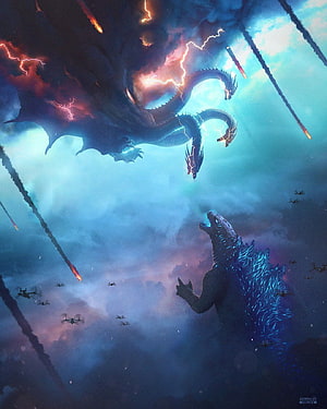 Godzilla and King Ghidorah Clash in Epic Sky Battle with Lightning and Meteors HD phone wallpaper