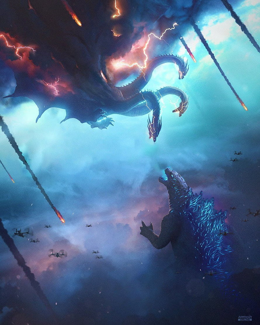 Godzilla and King Ghidorah Clash in Epic Sky Battle with Lightning and Meteors HD phone wallpaper