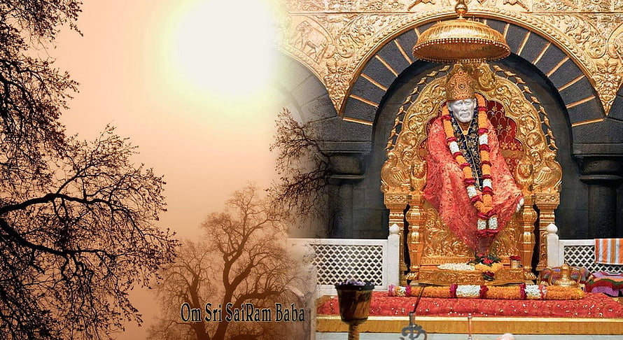 Shirdi Sai Baba Temple Murti with Golden Throne and Sacred Garland HD wallpaper