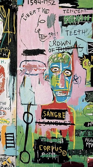 Jean-Michel Basquiat Crown of Thorns Portrait with Graffiti Text and Bold Colors HD phone wallpaper