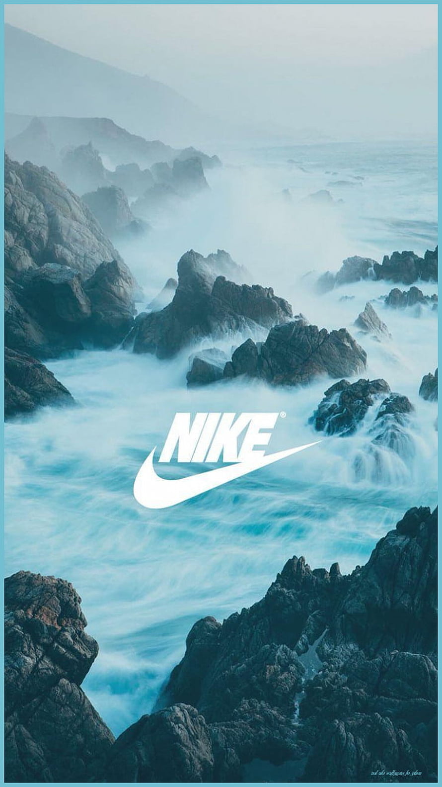 Nike Logo Over Misty Rocky Coastline With Turquoise Ocean Waves HD phone wallpaper