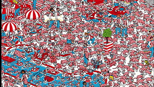 Where's Waldo Crowd Scene Illustration with Red and White Striped Characters HD wallpaper