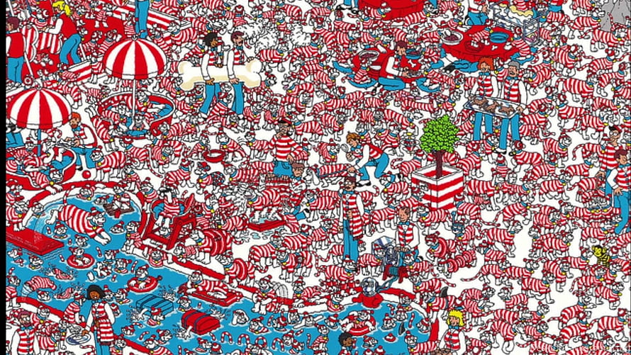 Where's Waldo Crowd Scene Illustration with Red and White Striped Characters HD wallpaper