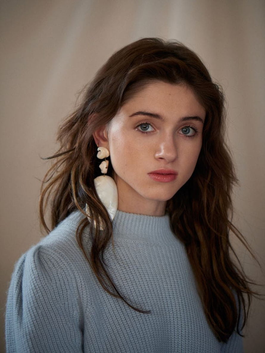 Natalia Dyer Portrait in Grey Knit Sweater with Statement Earrings HD phone wallpaper