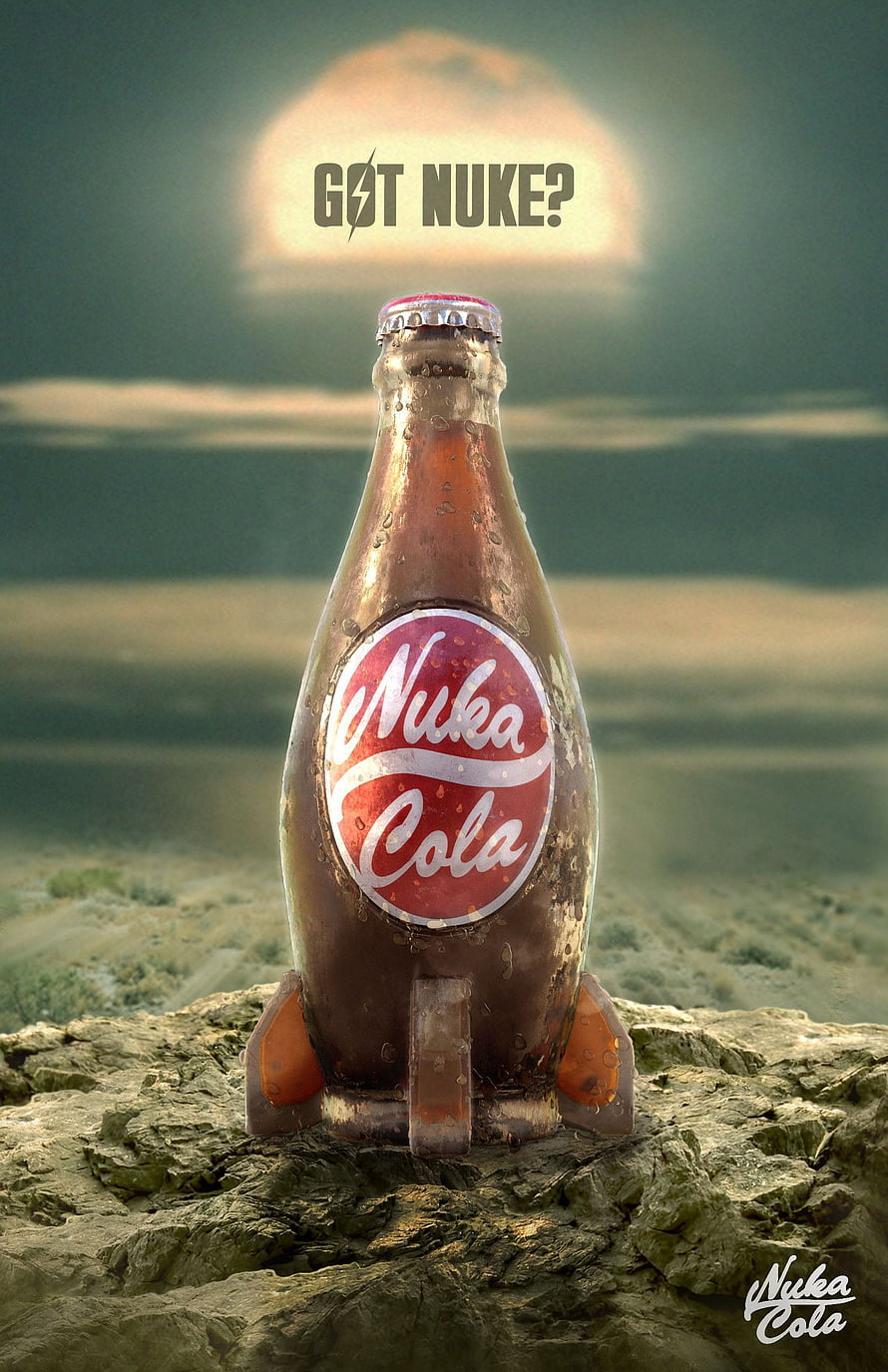 Nuka Cola Bottle on Rocky Outcrop in Post-Apocalyptic Wasteland with Nuclear Explosion Sky HD phone wallpaper