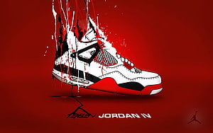 Air Jordan 4 Retro Sneaker Digital Art with Paint Splatter on Red Background HD wallpaper