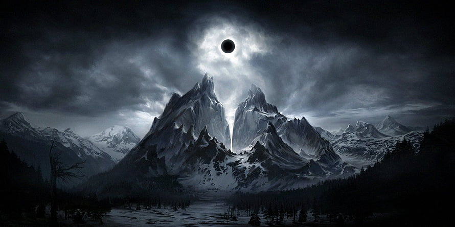 Dark Fantasy Mountain Landscape with Eclipsed Moon and Snowy Peaks HD wallpaper