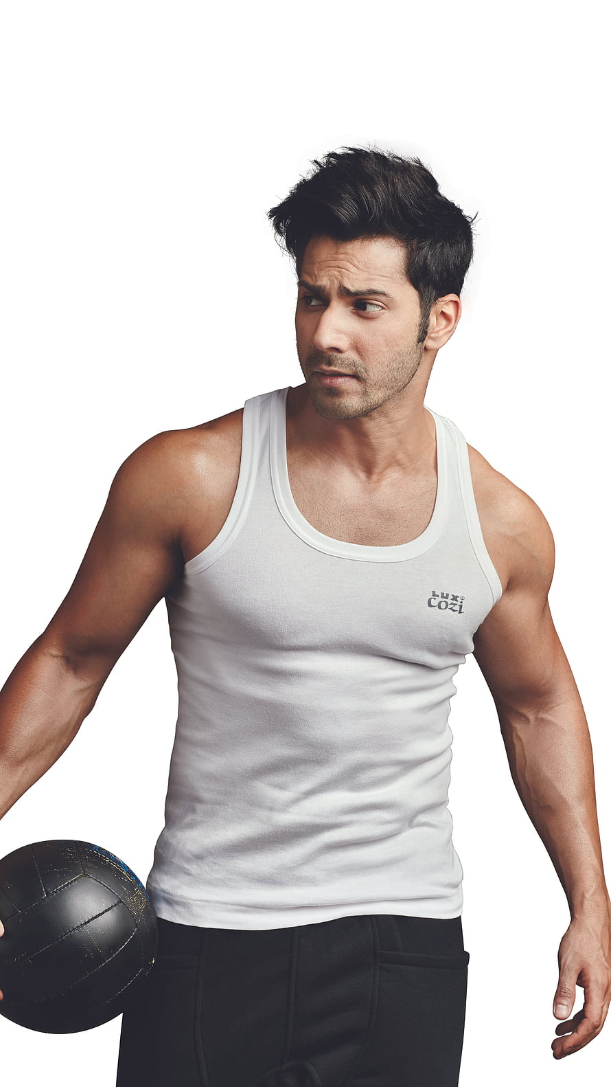 Varun Dhawan in White Tank Top Holding Black Volleyball HD phone wallpaper