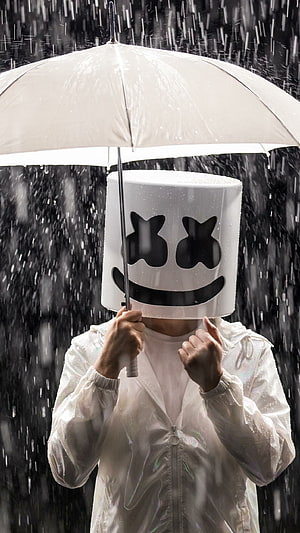 Marshmello in White Raincoat Holding Umbrella in Heavy Rain HD phone wallpaper