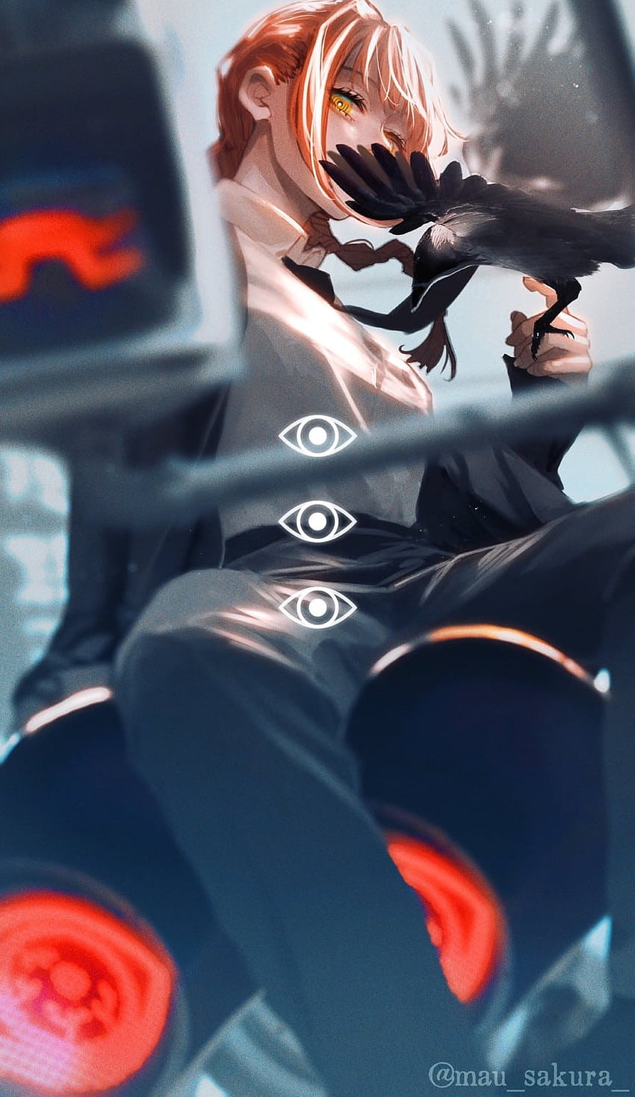 Makima from Chainsaw Man with a black bird and glowing eye symbols in a dark urban setting HD phone wallpaper
