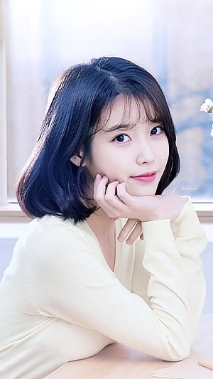 Iu Lee Ji Eun Portrait in Soft Yellow Cardigan with Gentle Smile HD phone wallpaper