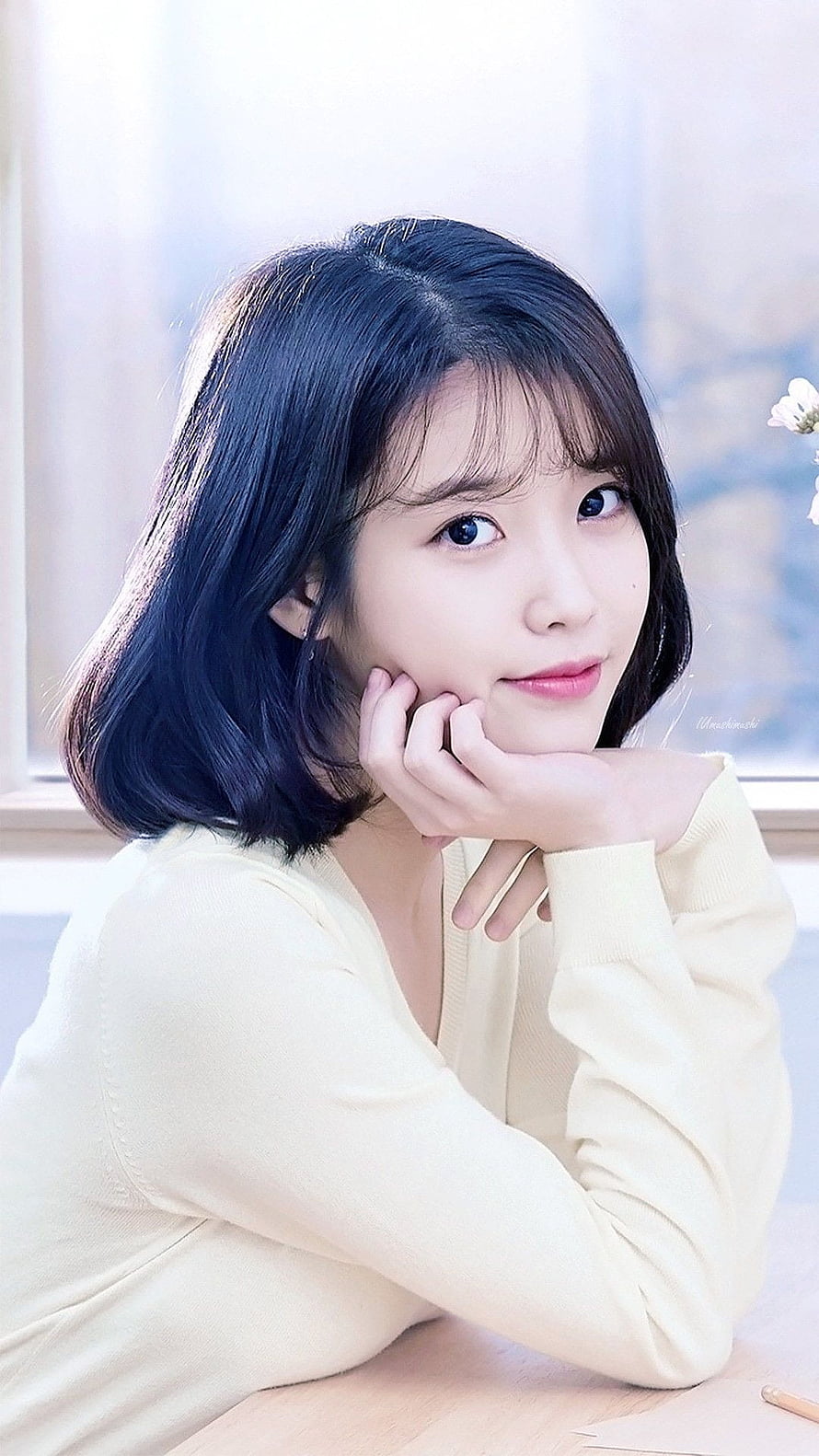 Iu Lee Ji Eun Portrait in Soft Yellow Cardigan with Gentle Smile HD phone wallpaper