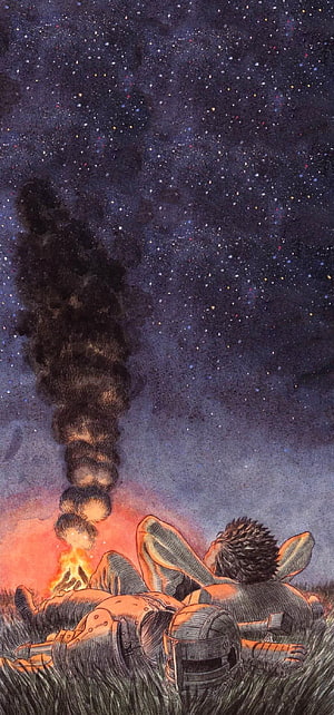 Guts from Berserk Lying in Grass Under Starry Night Sky with Campfire Smoke HD phone wallpaper