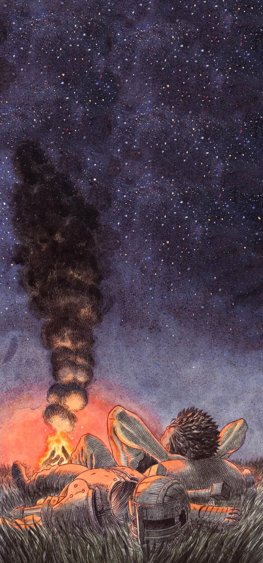 Guts from Berserk Lying in Grass Under Starry Night Sky with Campfire Smoke HD phone wallpaper