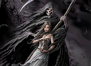 Grim Reaper and Woman with Hourglass in Dark Fantasy Digital Art HD wallpaper