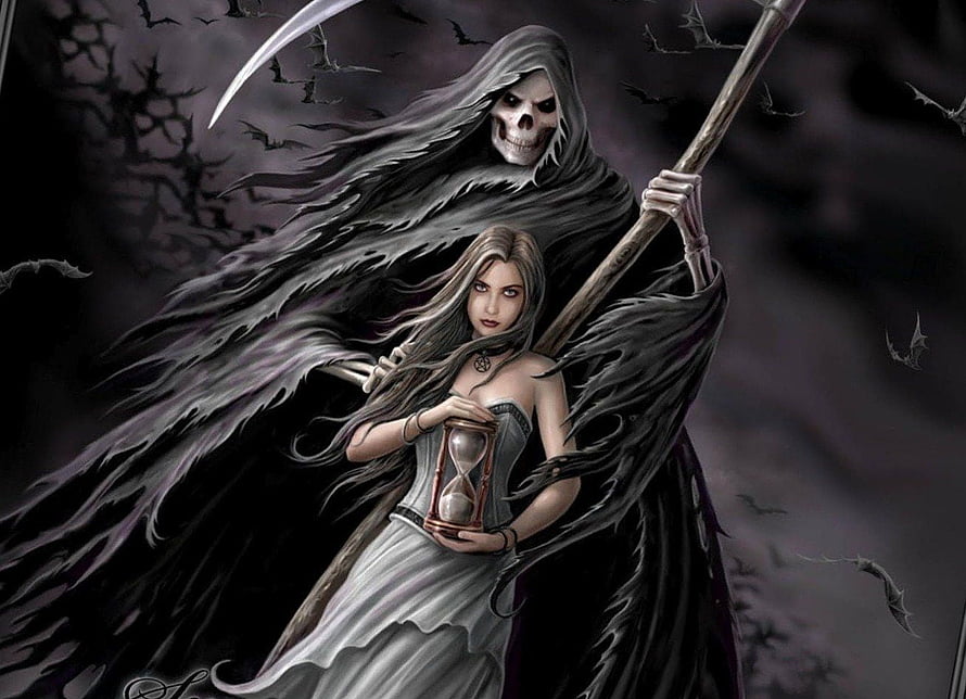 Grim Reaper and Woman with Hourglass in Dark Fantasy Digital Art HD wallpaper