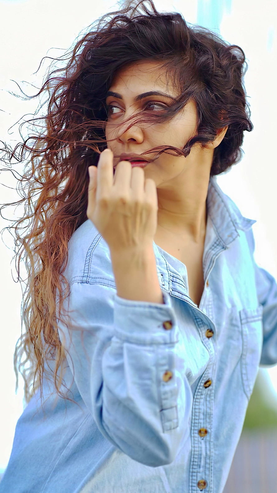 Madonna Sebastian Portrait in Light Blue Denim Shirt with Windblown Hair HD phone wallpaper