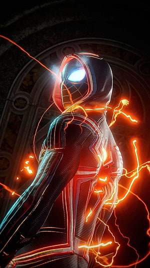 Miles Morales 2099 in Futuristic Suit with Electric Energy Effects HD phone wallpaper