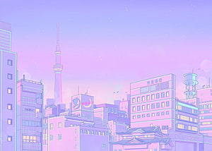 Pastel Anime Cityscape with Tokyo Skytree and Traditional Architecture HD wallpaper
