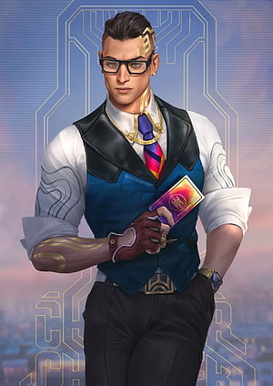 Chamber from Valorant in a stylish blue vest and gold accents holding a card HD phone wallpaper