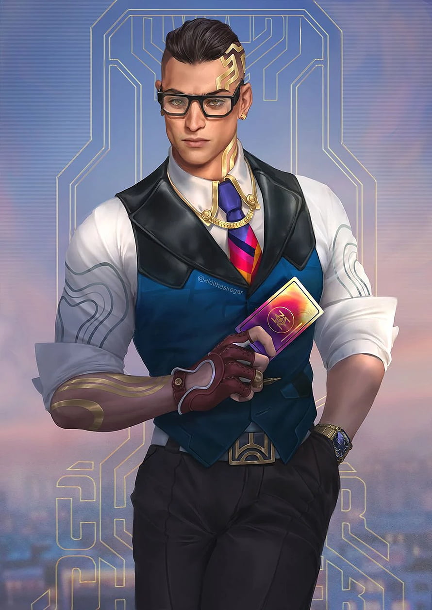 Chamber from Valorant in a stylish blue vest and gold accents holding a card HD phone wallpaper