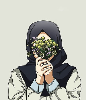 Anime Illustration of a Hijab Girl Holding a Bouquet of Flowers Over Her Face HD phone wallpaper