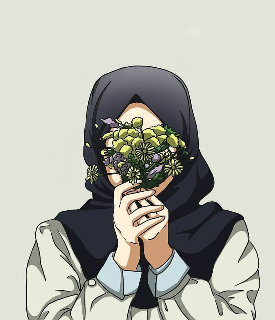 Anime Illustration of a Hijab Girl Holding a Bouquet of Flowers Over Her Face HD phone wallpaper