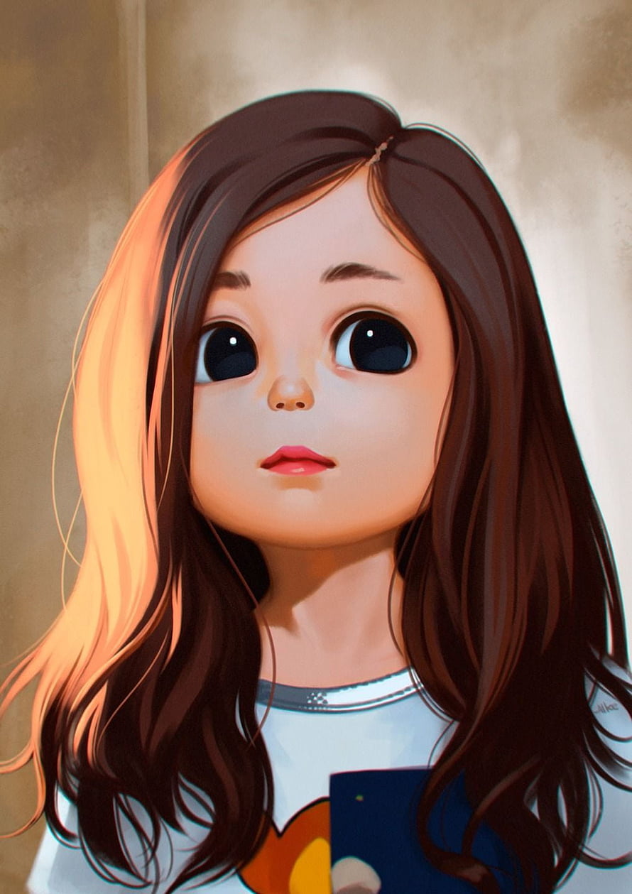 Cute 3D Cartoon Girl with Long Brown Hair and Large Expressive Eyes HD phone wallpaper