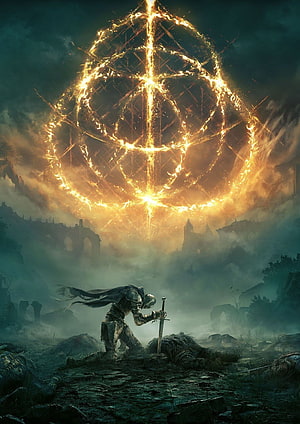 Elden Ring Knight Kneeling Before Glowing Golden Rune Sphere in Dark Fantasy Landscape HD phone wallpaper
