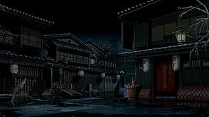 Dark Pixel Art Japanese Street Scene at Night with Traditional Lanterns and Wooden Buildings HD wallpaper