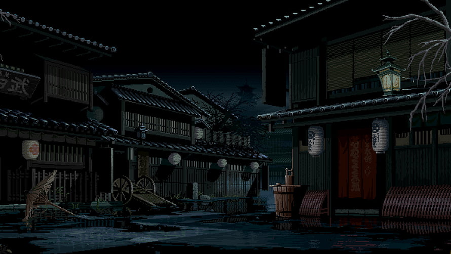 Dark Pixel Art Japanese Street Scene at Night with Traditional Lanterns and Wooden Buildings HD wallpaper