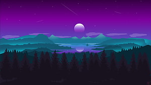 Stylized Night Landscape with Full Moon, Mountain Ranges, and Pine Forest Under a Purple Starry Sky HD wallpaper