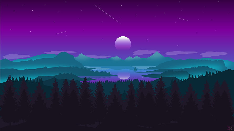 Stylized Night Landscape with Full Moon, Mountain Ranges, and Pine Forest Under a Purple Starry Sky HD wallpaper