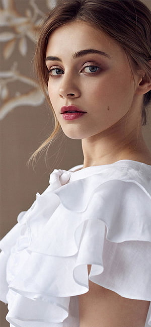 Josephine Langford Portrait in White Ruffled Blouse with Soft Studio Lighting HD phone wallpaper