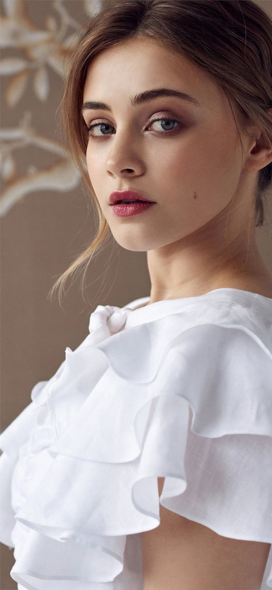Josephine Langford Portrait in White Ruffled Blouse with Soft Studio Lighting HD phone wallpaper