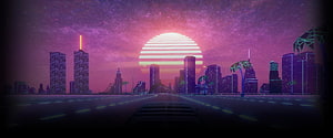 Retro Synthwave Cityscape with Neon Sunset and Futuristic Skyline HD wallpaper