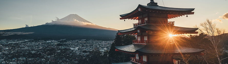 Mount Fuji and Chureito Pagoda at Golden Hour with Snow-Capped Peak and Cityscape HD wallpaper