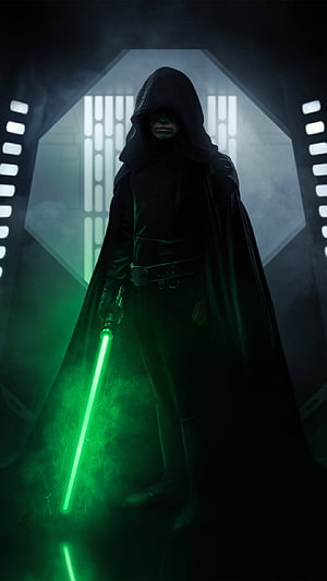 Luke Skywalker in Dark Robes Holding Green Lightsaber in Star Wars Corridor HD phone wallpaper