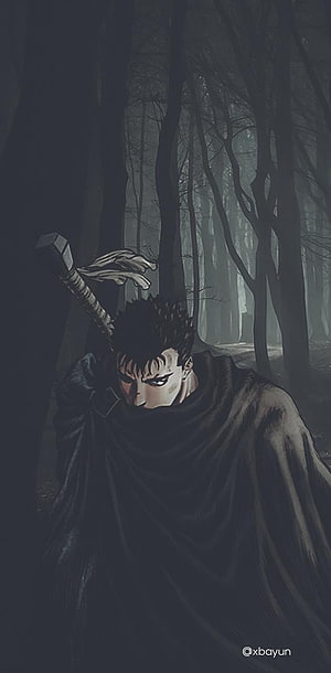 Guts from Berserk in a Dark Forest with His Massive Sword HD phone wallpaper